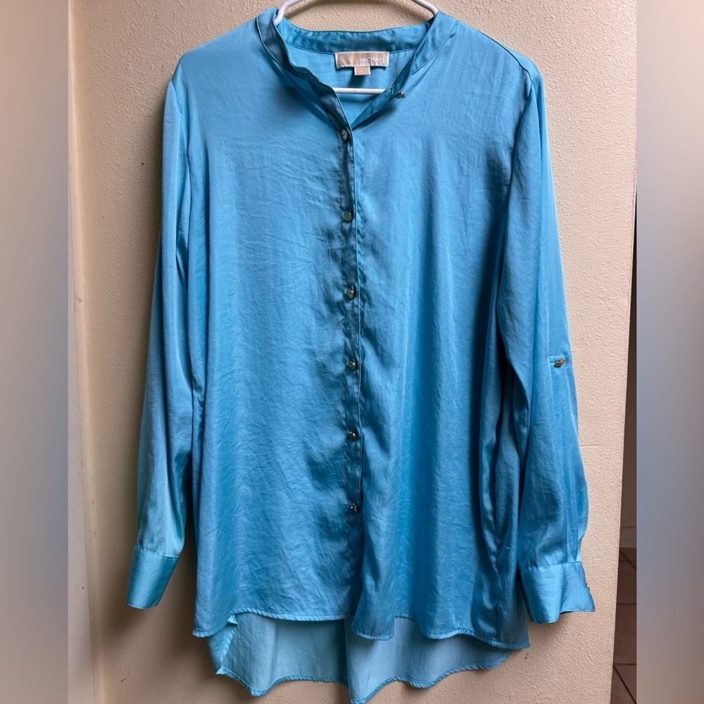 Michael Kors Turquoise Button-Down Blouse – Size L, Silky Satin Feel, Gold Logo